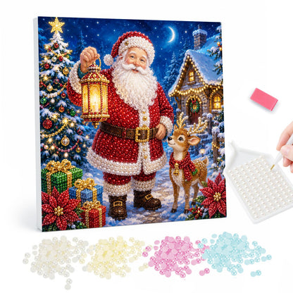 Santa's Moonlit Lantern Walk pearl painting – Full-length Santa with a lantern beside a small reindeer, a lit tree and snowy cottage under a moon