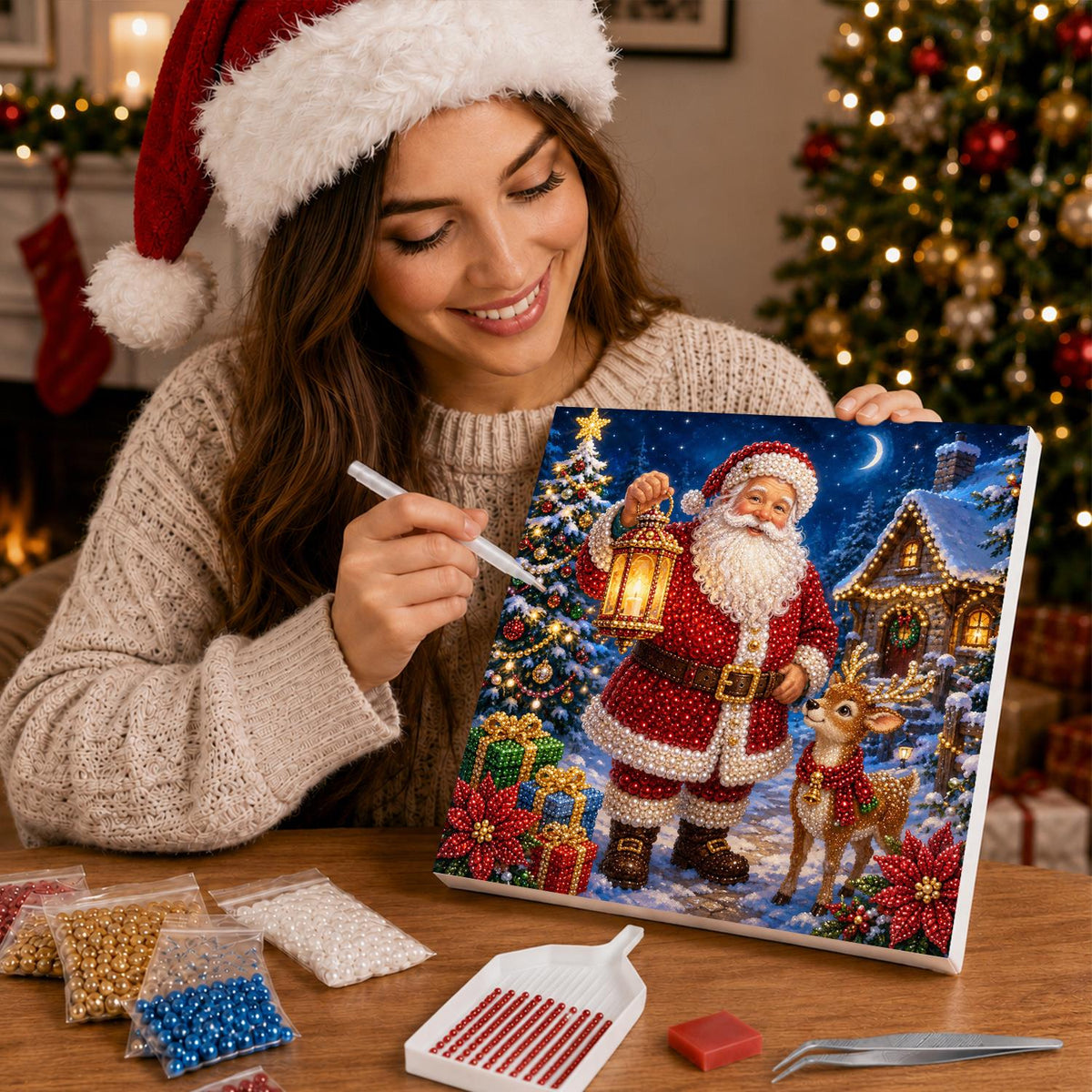 Santa's Moonlit Lantern Walk pearl painting – image 16