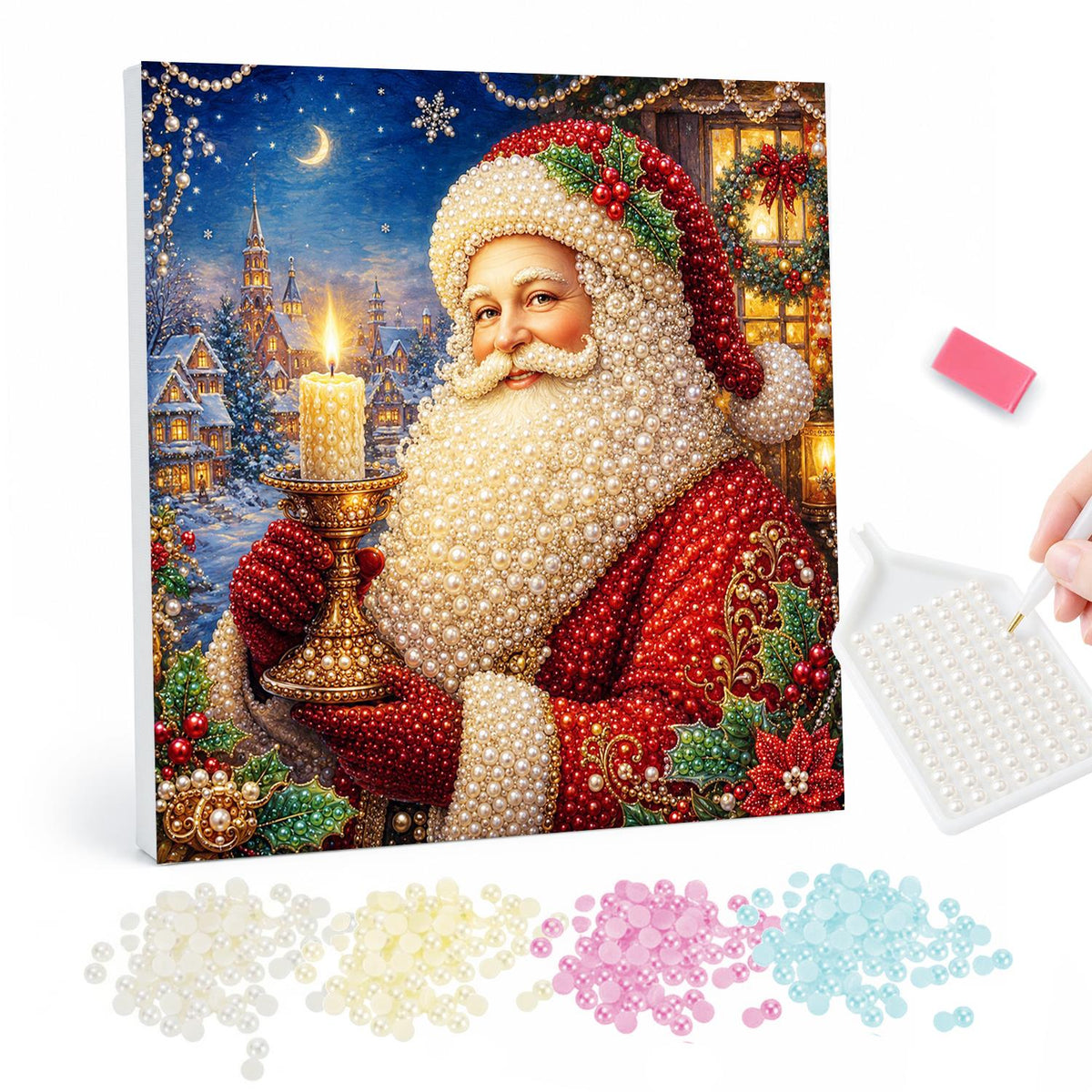 Santa's Candlelit Night pearl painting – Santa in a red coat holding a lit candle in a golden candlestick before a snowy village at night
