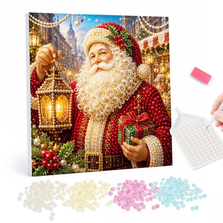 Old Town Santa with Lantern pearl painting – Santa holding a brass lantern and a wrapped green gift on a festive old-town street