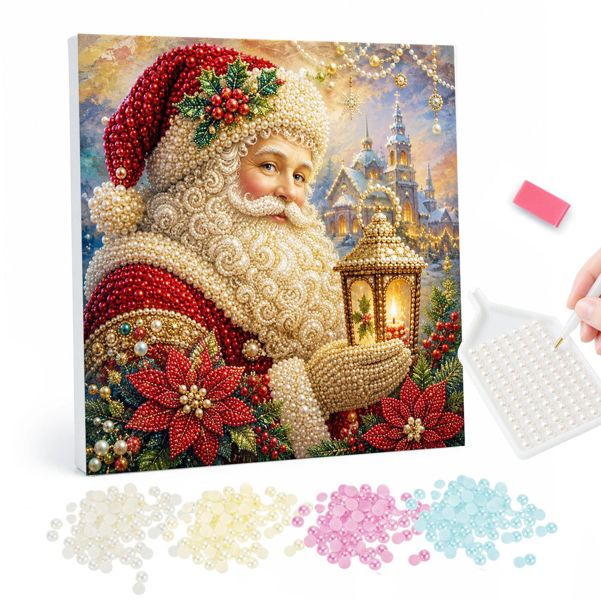 Santa's Poinsettia Lantern pearl painting – Santa with a swirling white beard holding a lantern among red poinsettias, towers glowing behind