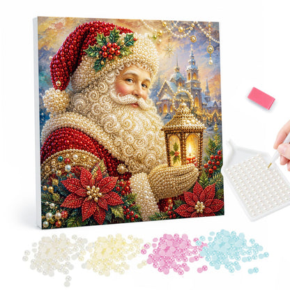 Santa's Poinsettia Lantern pearl painting – Santa with a swirling white beard holding a lantern among red poinsettias, towers glowing behind