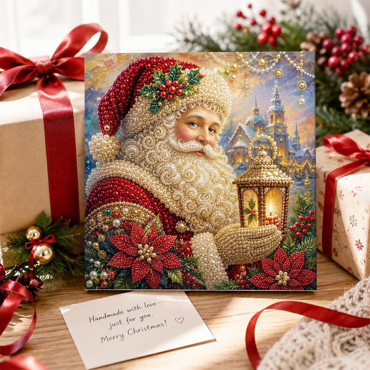 Santa's Poinsettia Lantern pearl painting – image 2