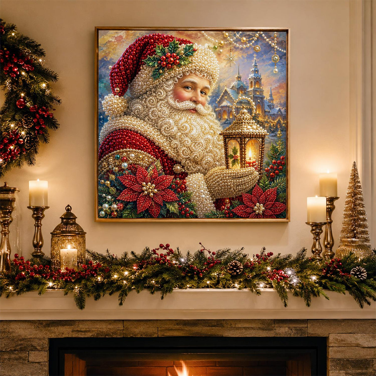 Santa's Poinsettia Lantern pearl painting – image 3