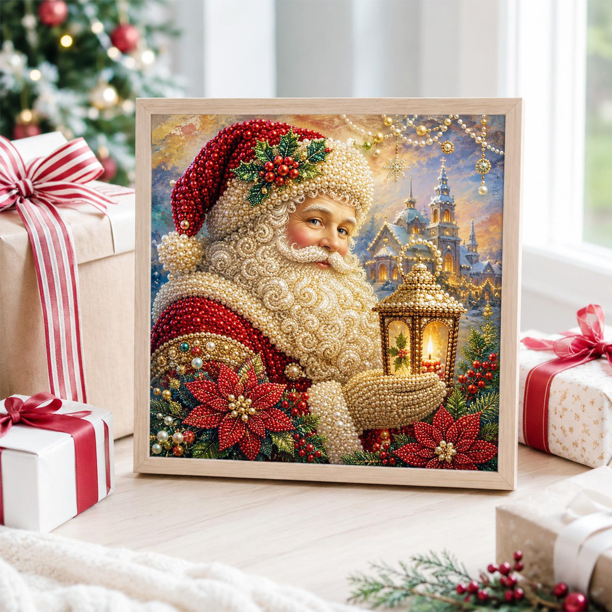Santa's Poinsettia Lantern pearl painting – image 4