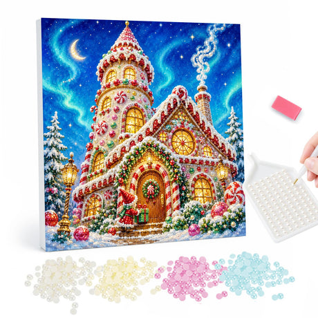 Peppermint Tower Cottage pearl painting – Whimsical candy-trimmed cottage and tower with peppermint swirls under a crescent moon and aurora