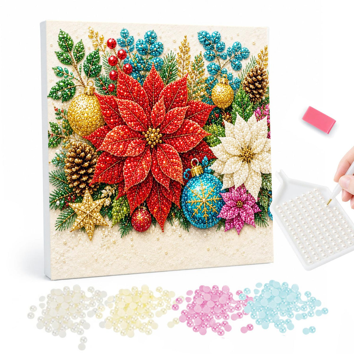 Red Poinsettia and Gold Baubles pearl painting – Red poinsettia with a white Christmas flower, pinecones, gold and teal baubles on a cream background