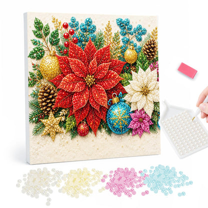 Red Poinsettia and Gold Baubles pearl painting – Red poinsettia with a white Christmas flower, pinecones, gold and teal baubles on a cream background