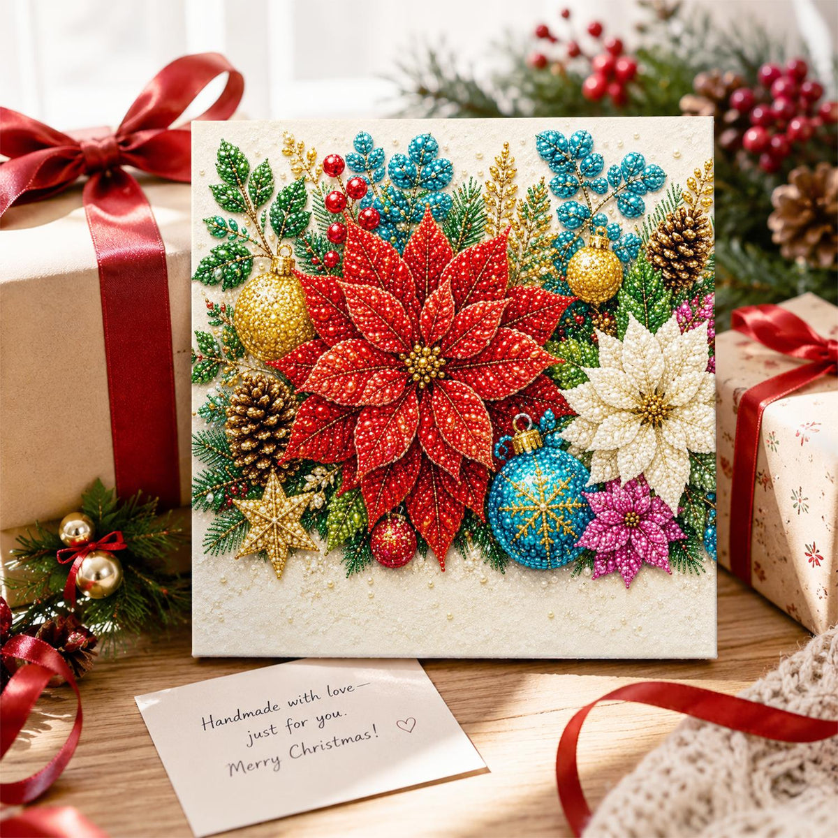 Red Poinsettia and Gold Baubles pearl painting – image 2