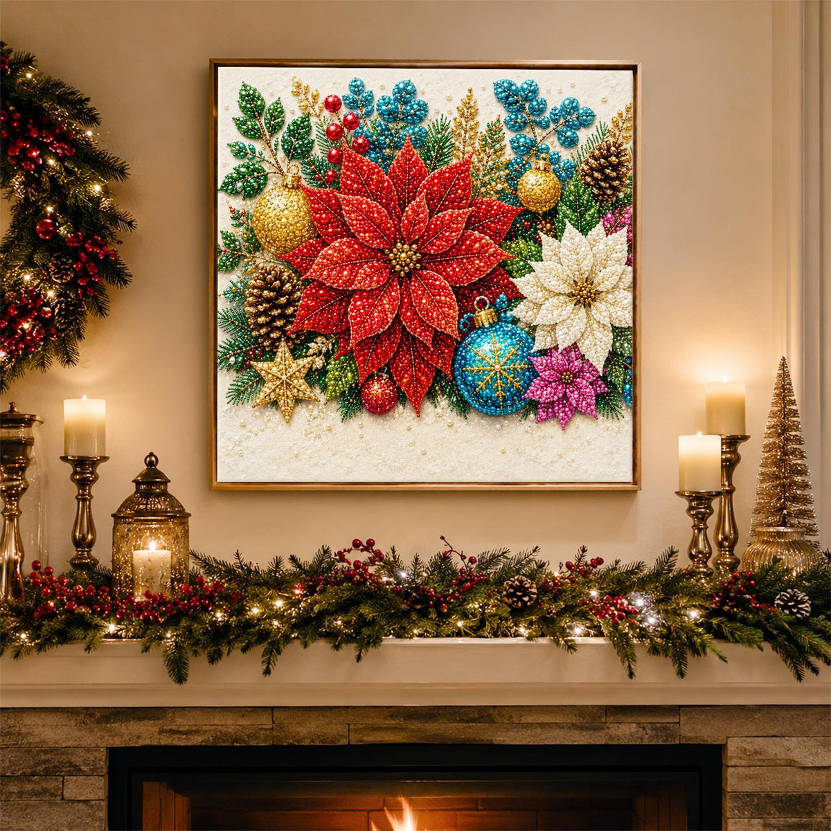 Red Poinsettia and Gold Baubles pearl painting – image 3