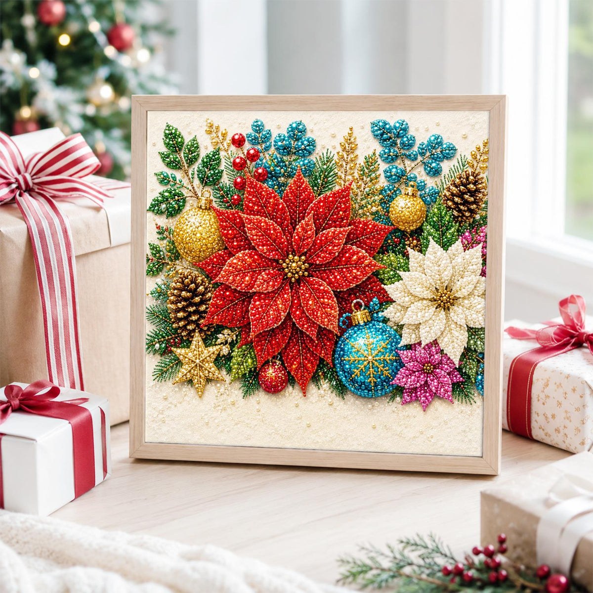 Red Poinsettia and Gold Baubles pearl painting – image 4