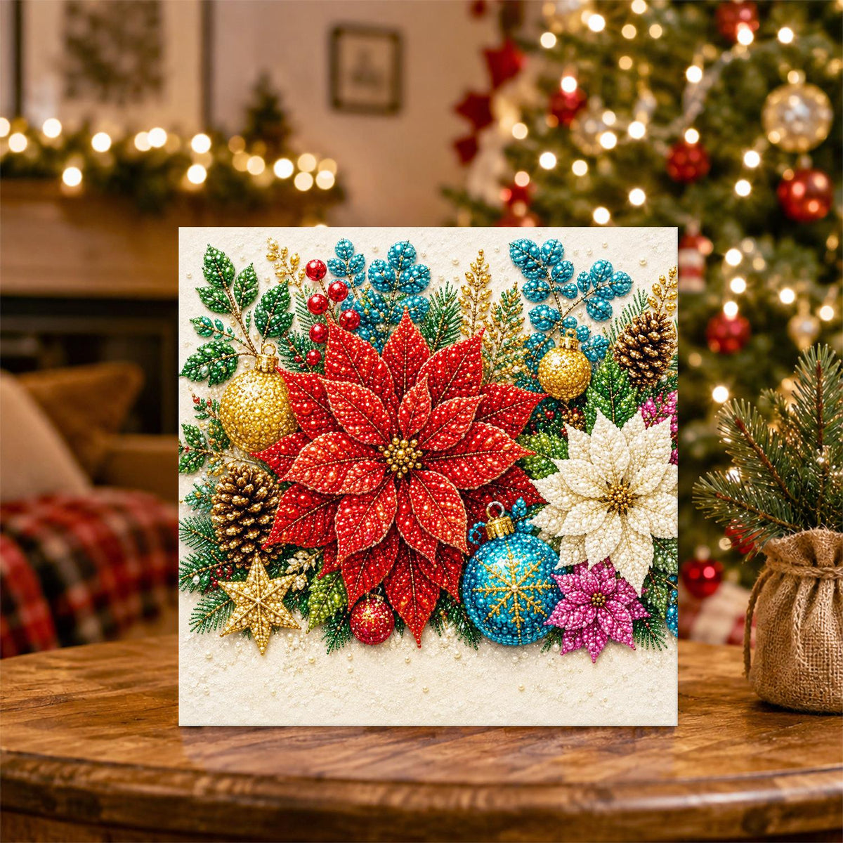 Red Poinsettia and Gold Baubles pearl painting – image 5