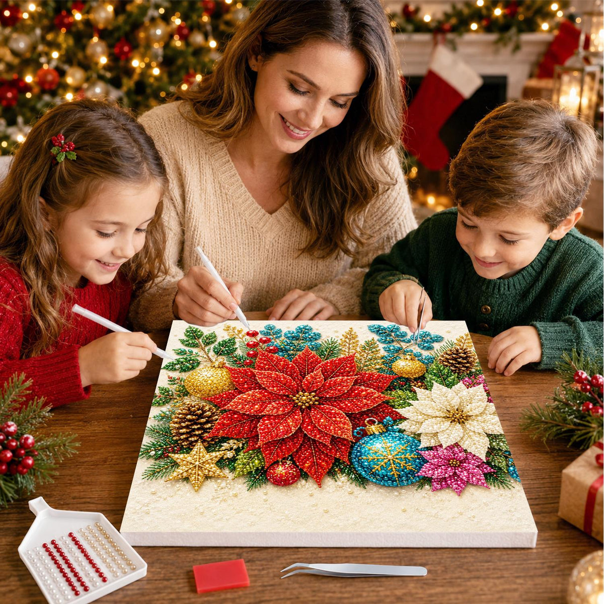 Red Poinsettia and Gold Baubles pearl painting – image 15