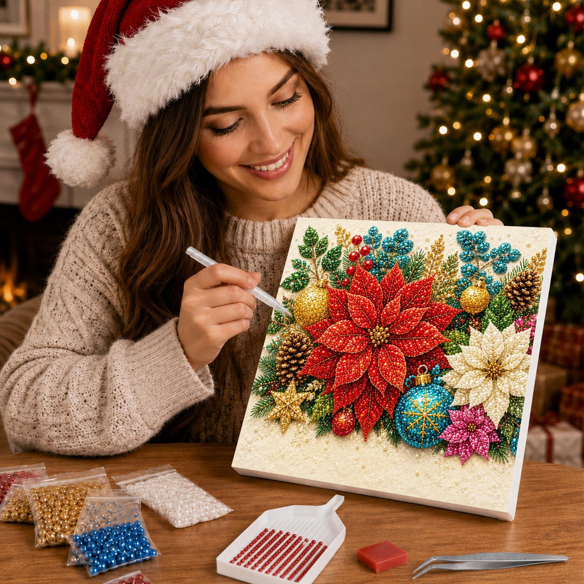 Red Poinsettia and Gold Baubles pearl painting – image 16