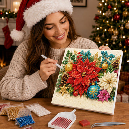 Red Poinsettia and Gold Baubles pearl painting – image 16