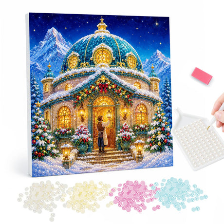 Pearl Painting Christmas Chapel in a Snowy Mountain Village pearl painting – image 1