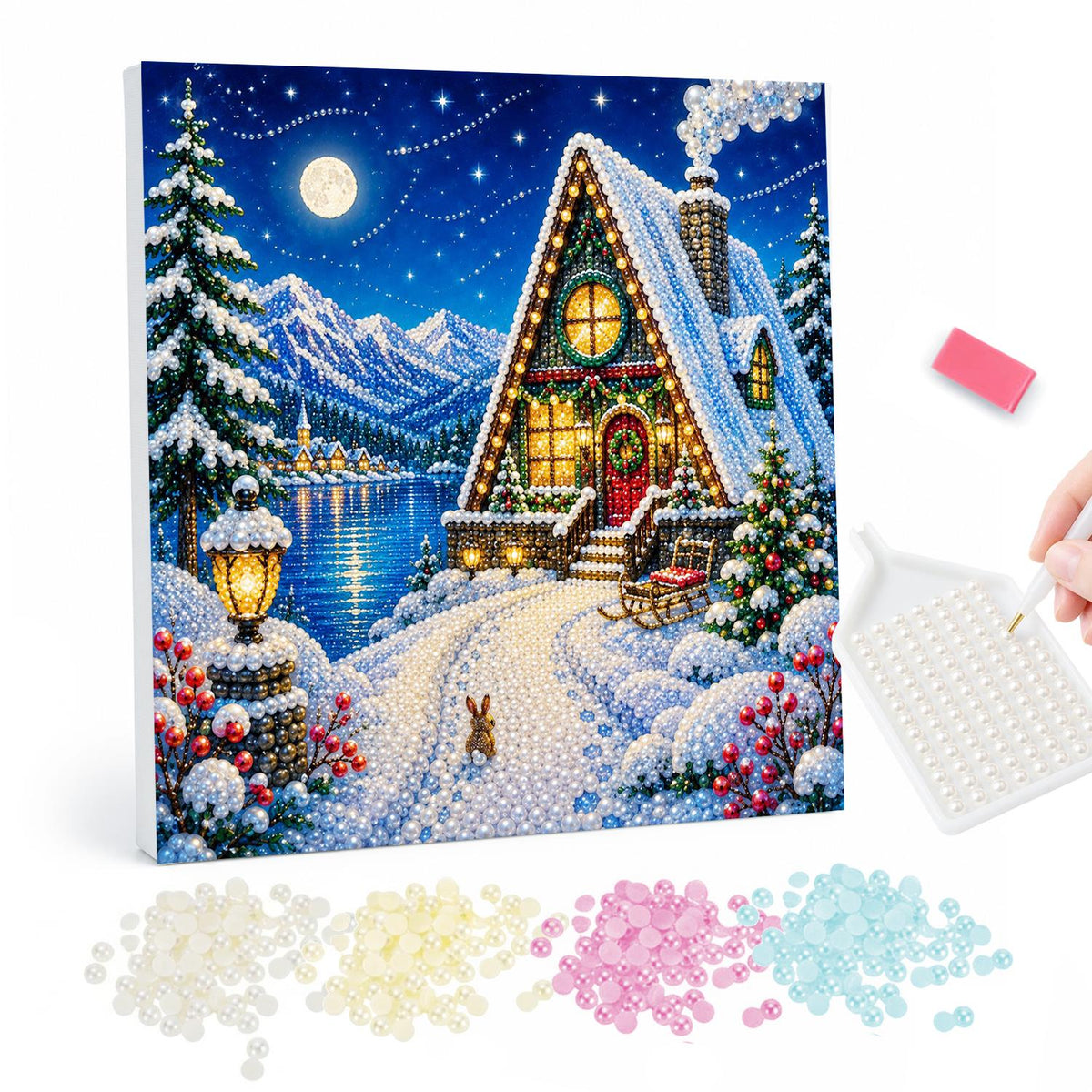 A-Frame Cabin by the Lake pearl painting – Glowing A-frame cabin on a snowy lakeshore under a full moon, with mountains, sleigh and a rabbit