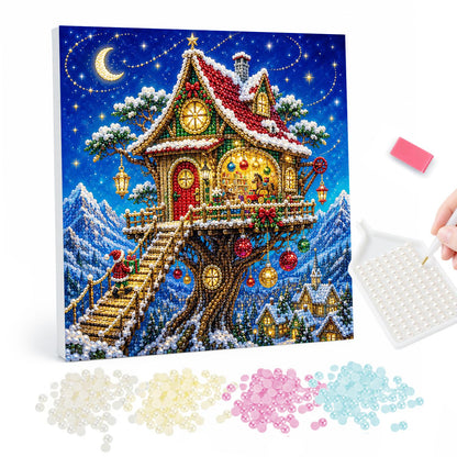 Moonlit Treehouse Hideaway pearl painting – Glowing treehouse with a red door and wooden stairway on a snowy tree under a crescent moon