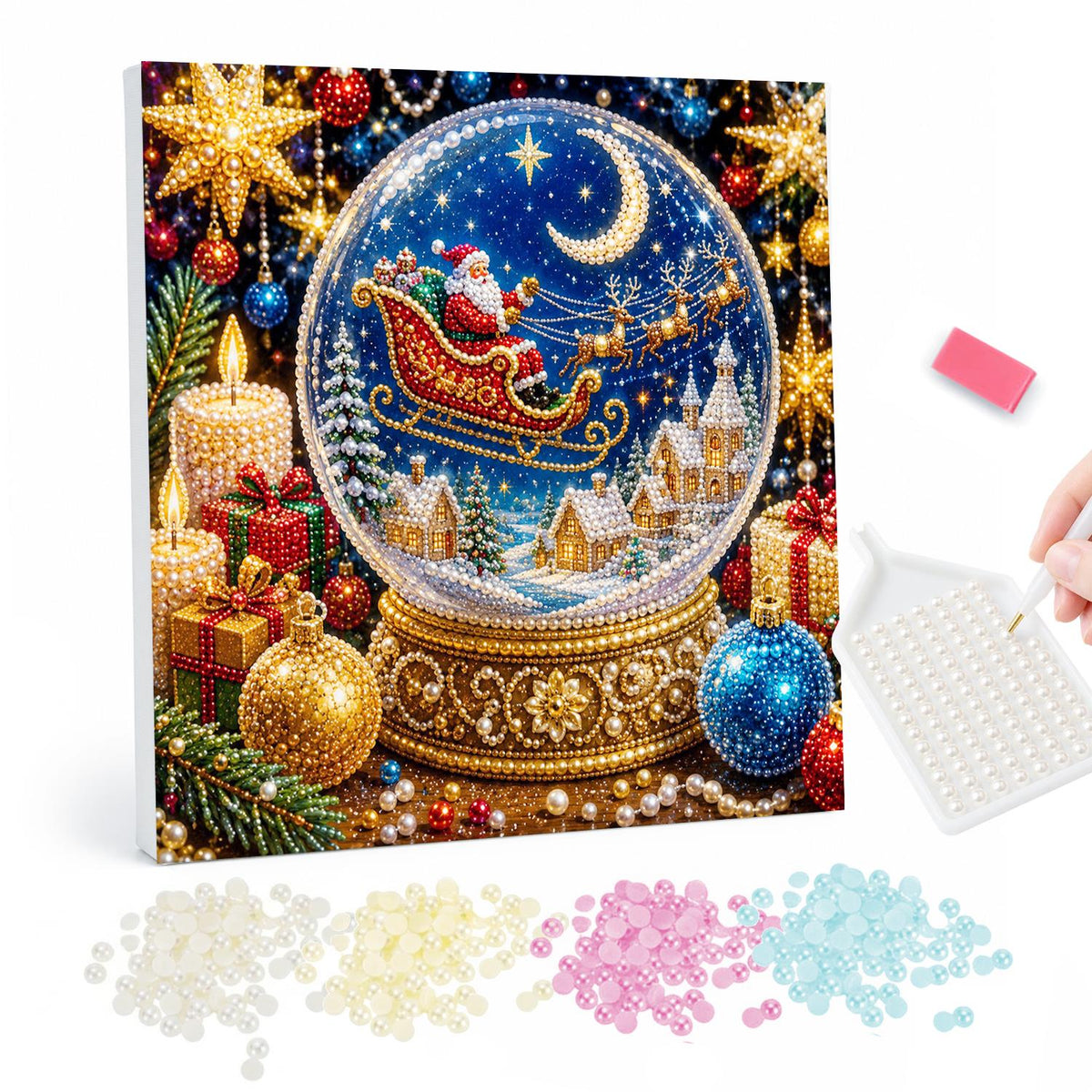 Santa's Sleigh in a Snow Globe pearl painting – Golden snow globe holding Santa's sleigh and a crescent moon, surrounded by candles, gifts and baubles