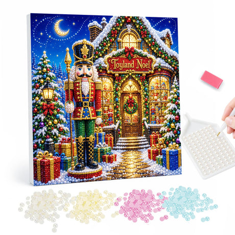 Nutcracker at the Toyland Door pearl painting – Tall nutcracker soldier standing guard outside a glowing toy shop with gifts, trees and a crescent moon