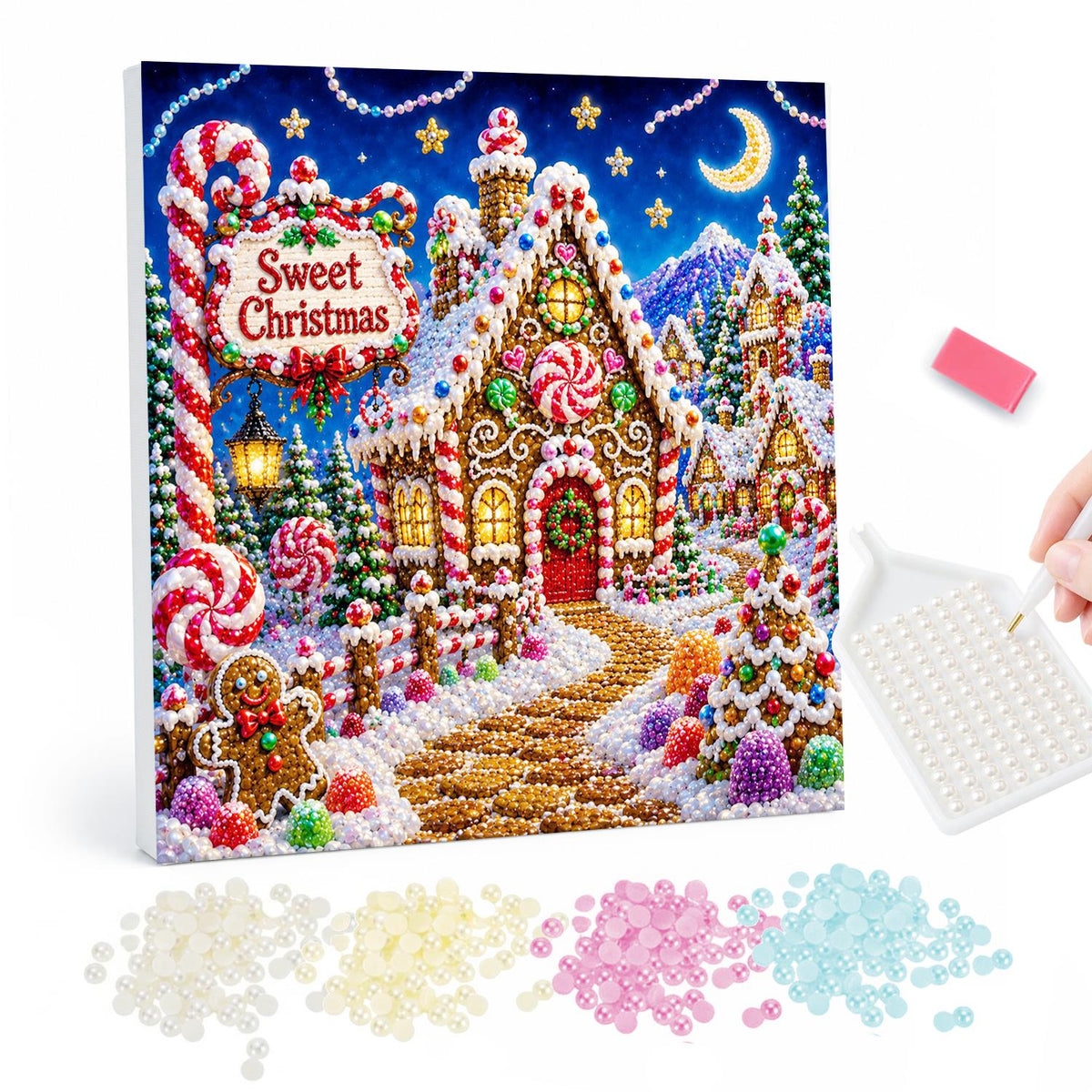 Gingerbread House Candy Lane pearl painting – Gingerbread house with candy canes, lollipops and a Sweet Christmas sign along a cookie path