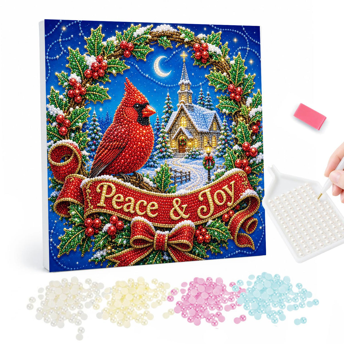 Cardinal in a Holly Wreath pearl painting – Red cardinal in a holly wreath framing a snowy chapel and moon, with a Peace and Joy ribbon