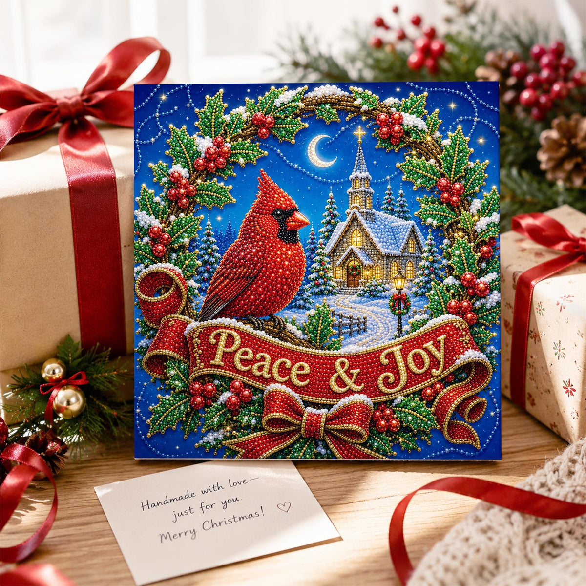 Cardinal in a Holly Wreath pearl painting – image 2
