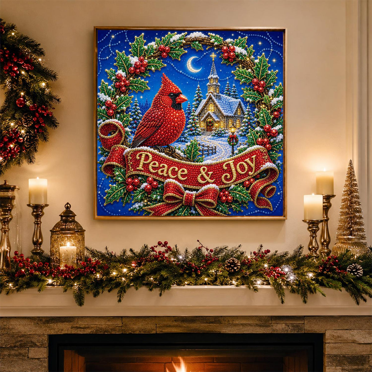 Cardinal in a Holly Wreath pearl painting – image 3