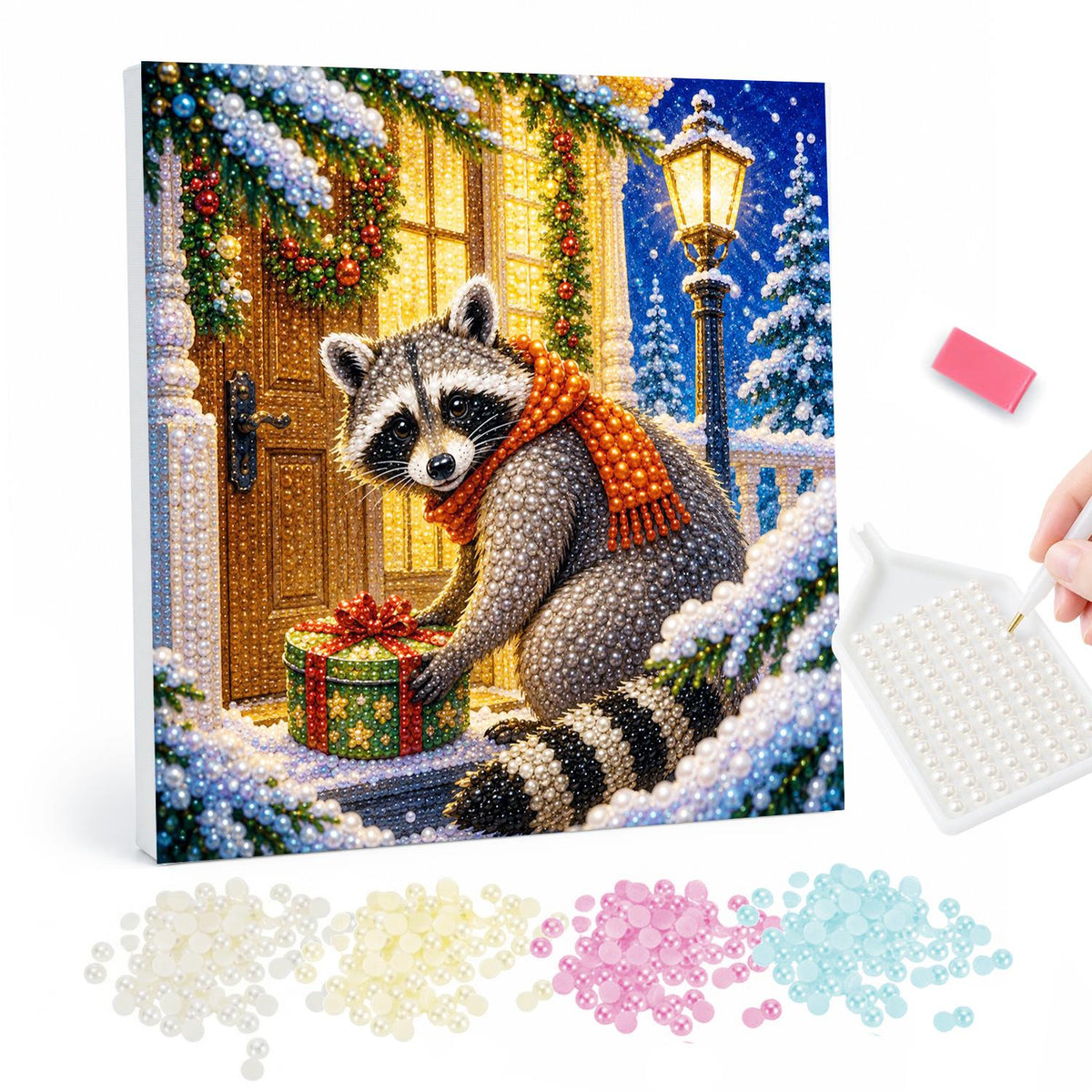 Doorstep Raccoon with a Gift pearl painting – Raccoon in an orange scarf carrying a wrapped gift up a snowy, lantern-lit doorstep