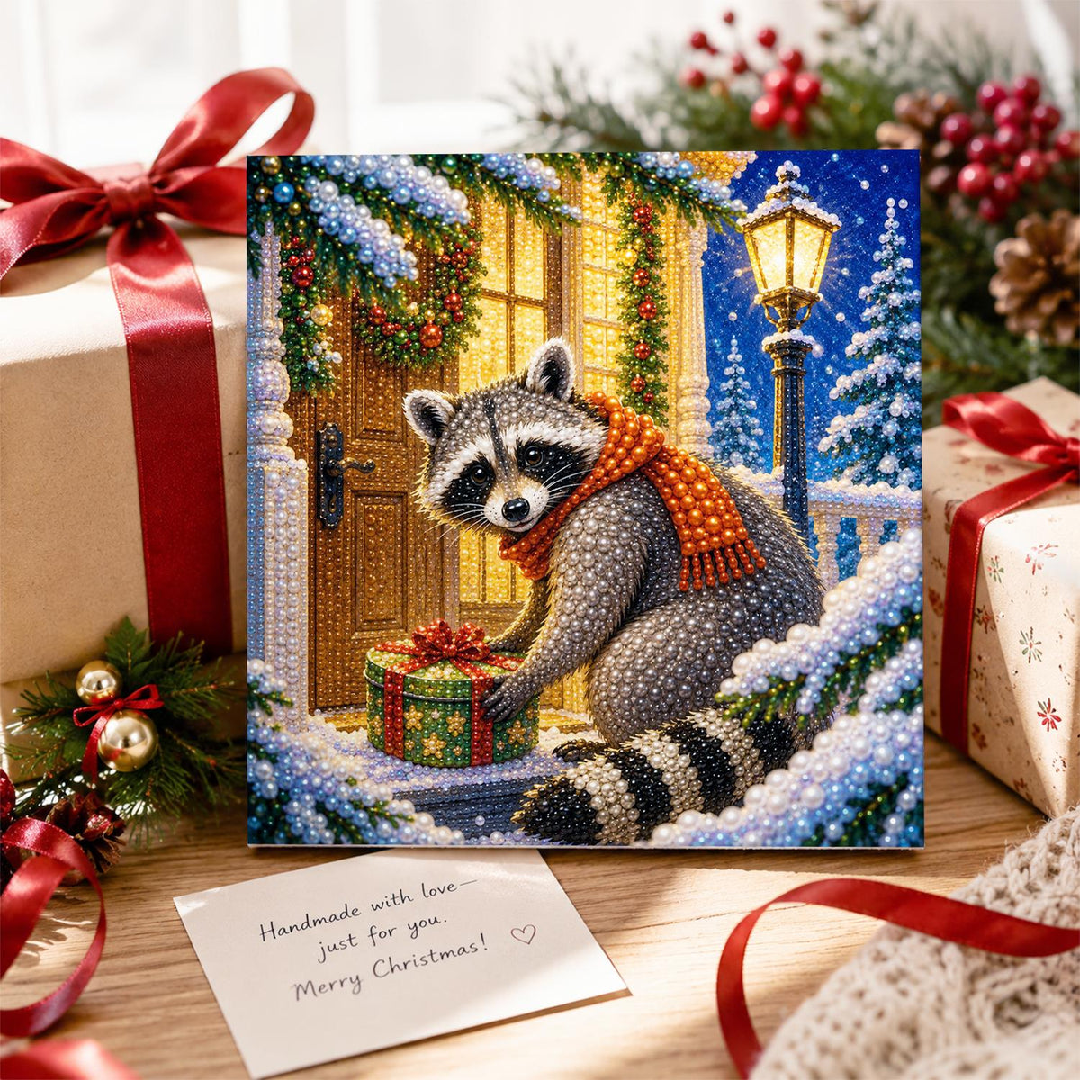 Doorstep Raccoon with a Gift pearl painting – image 2