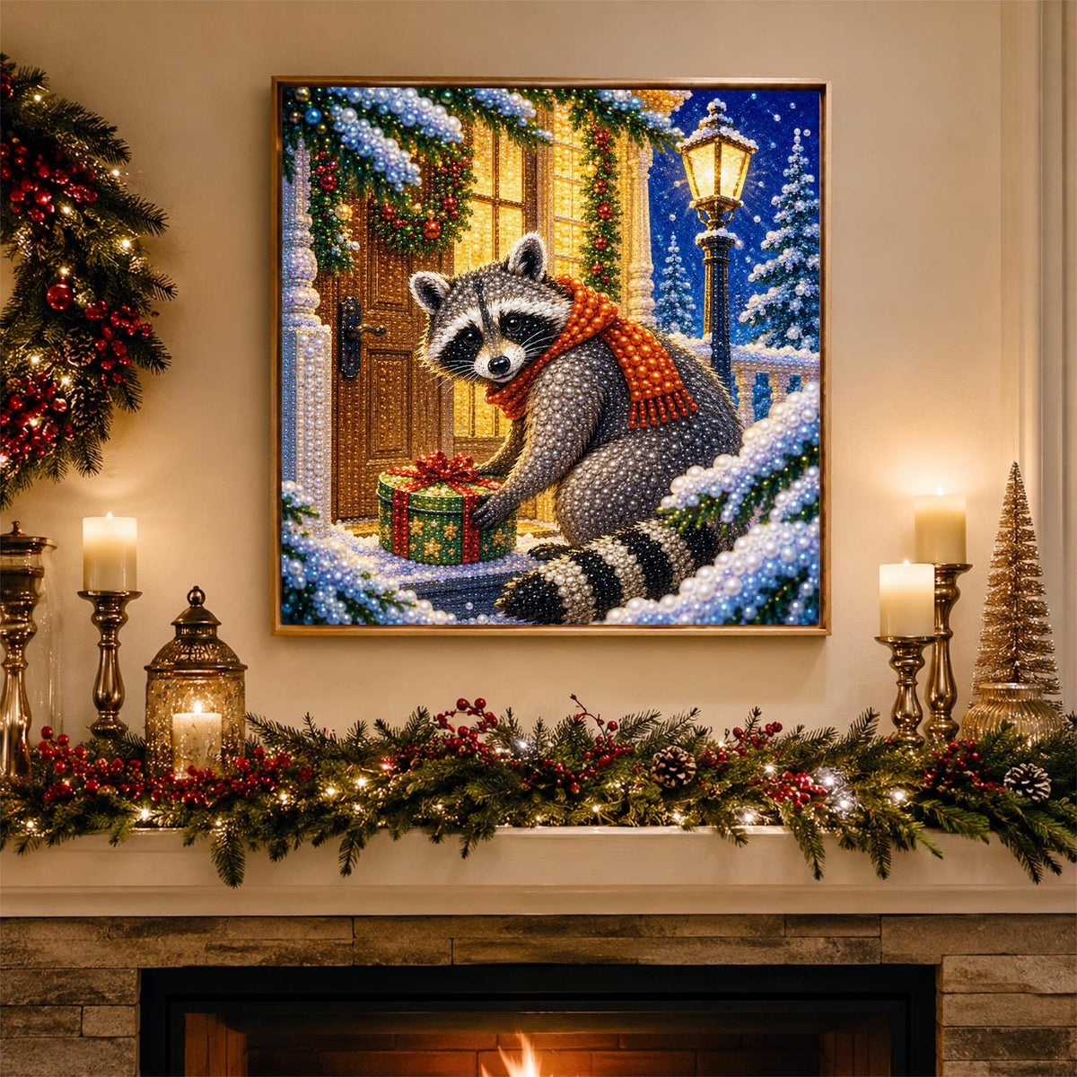 Doorstep Raccoon with a Gift pearl painting – image 3