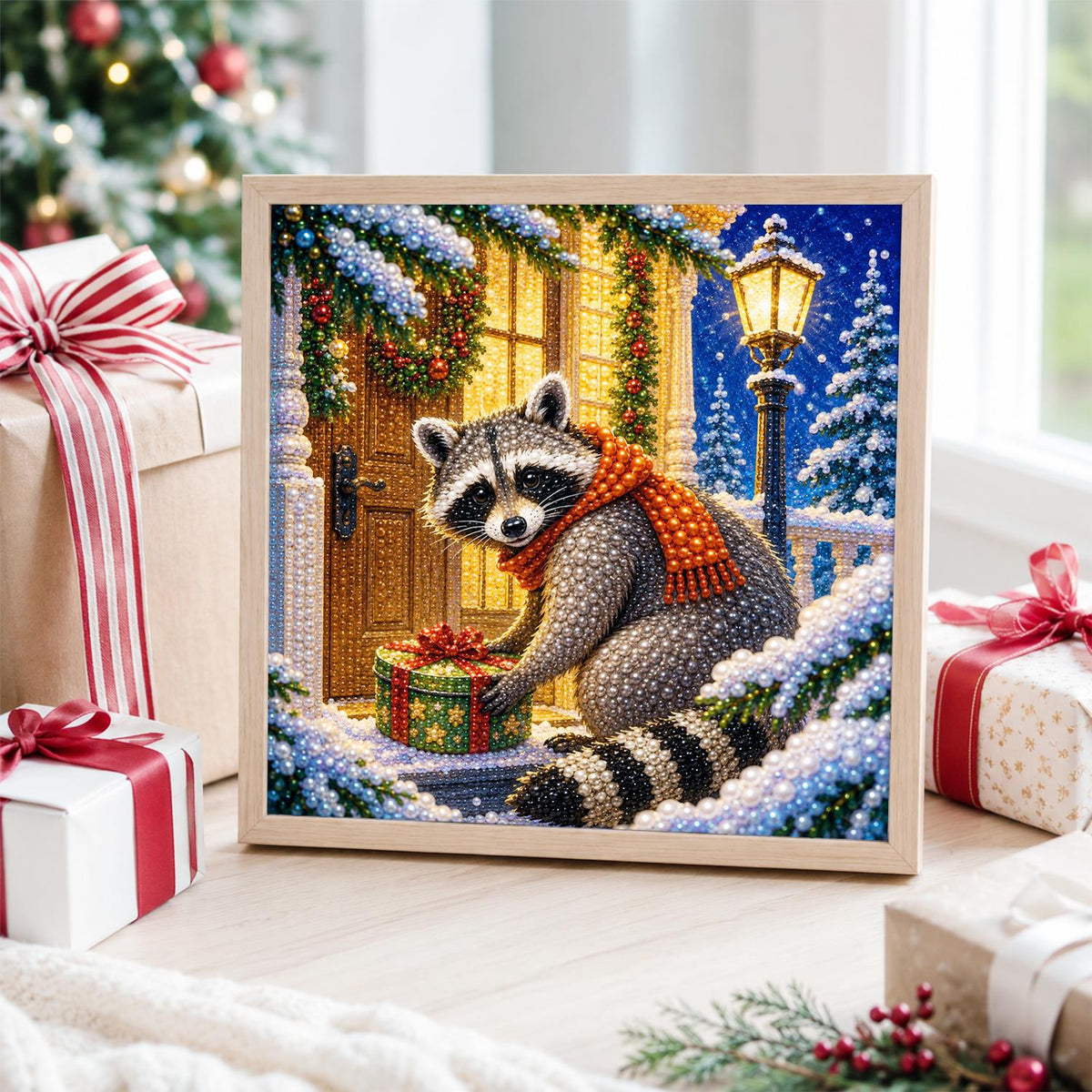 Doorstep Raccoon with a Gift pearl painting – image 4