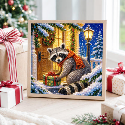 Doorstep Raccoon with a Gift pearl painting – image 4