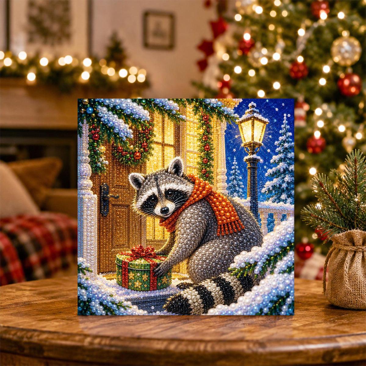 Doorstep Raccoon with a Gift pearl painting – image 5