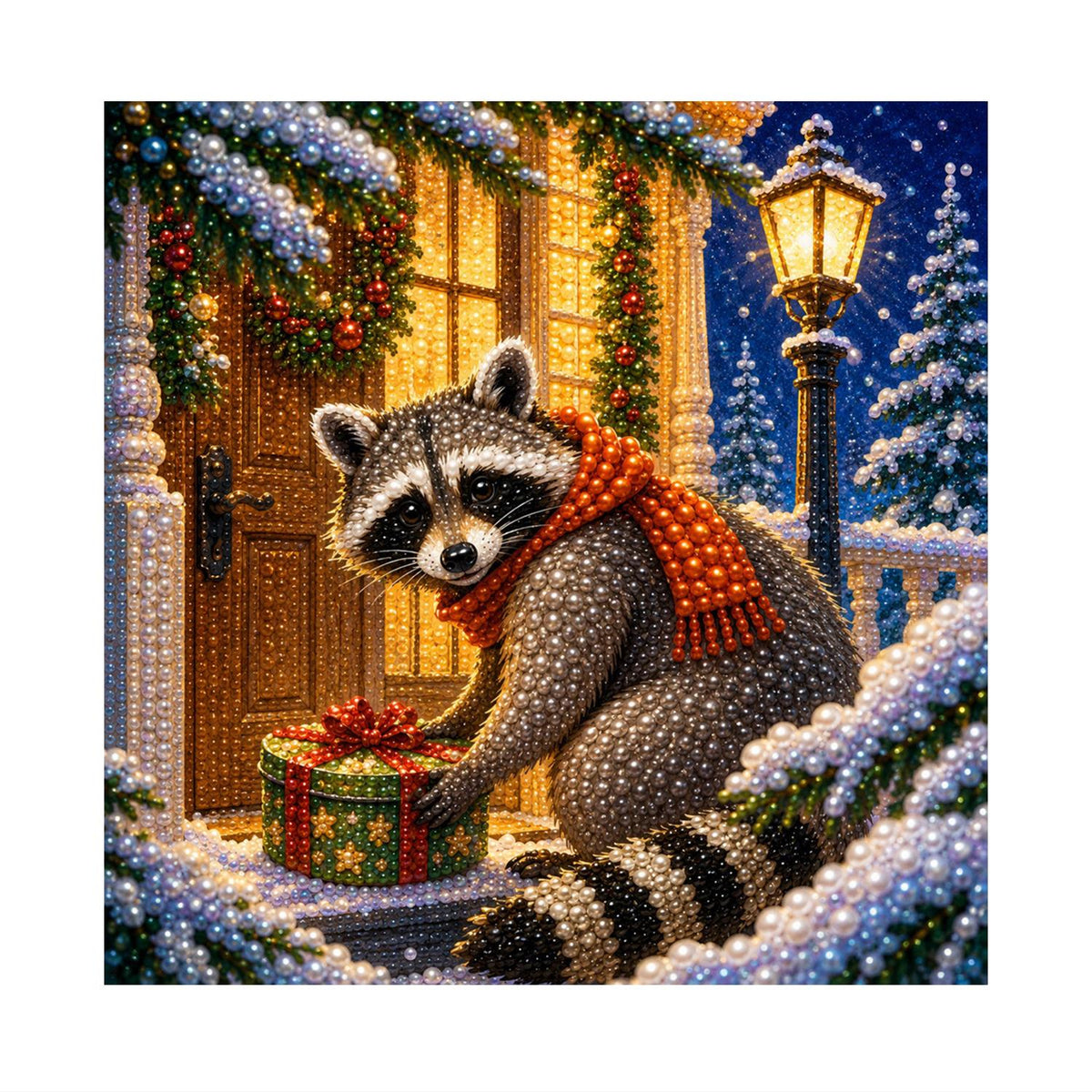 Doorstep Raccoon with a Gift pearl painting – image 11