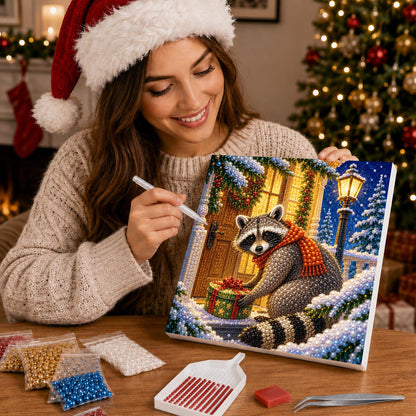 Doorstep Raccoon with a Gift pearl painting – image 16
