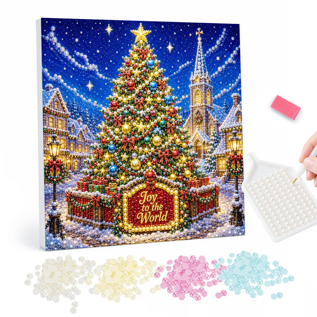 Village Square Christmas Tree pearl painting – Tall lit Christmas tree with a gold star in a snowy village square beside a church spire