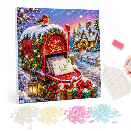 Robin on Santa's Mailbox pearl painting – Red mailbox stuffed with letters to Santa, a robin perched on top, gifts and a snowy cottage behind