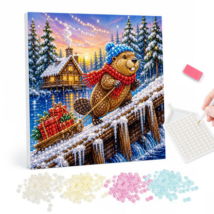 Beaver Hauling Gifts at Dusk pearl painting – Beaver in a blue knit hat and red scarf pulling a sled of gifts along an icy riverside boardwalk at dusk