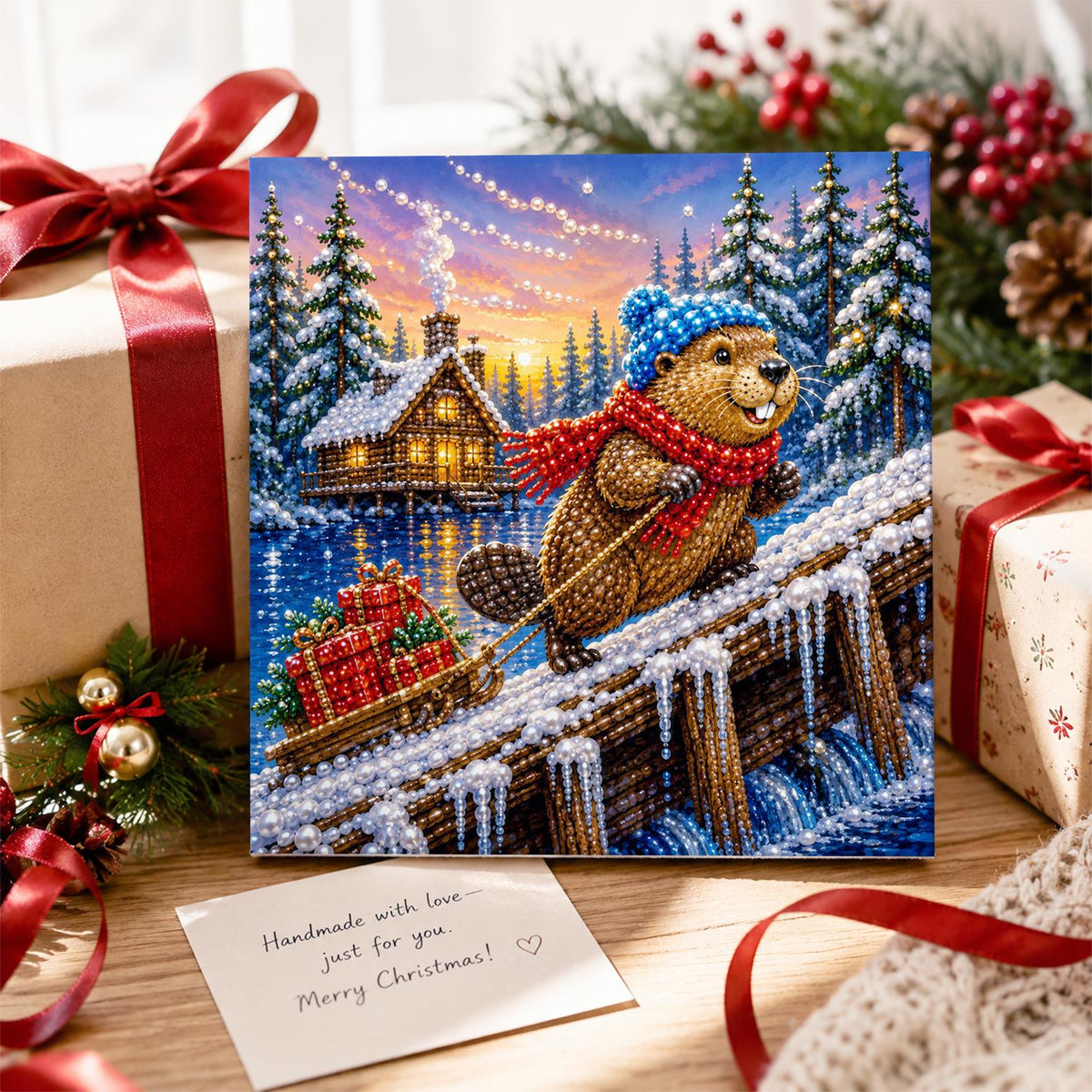 Beaver Hauling Gifts at Dusk pearl painting – image 2