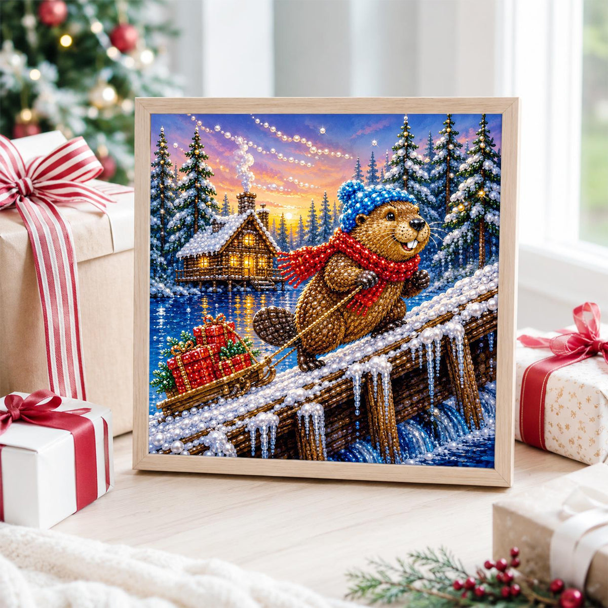Beaver Hauling Gifts at Dusk pearl painting – image 4