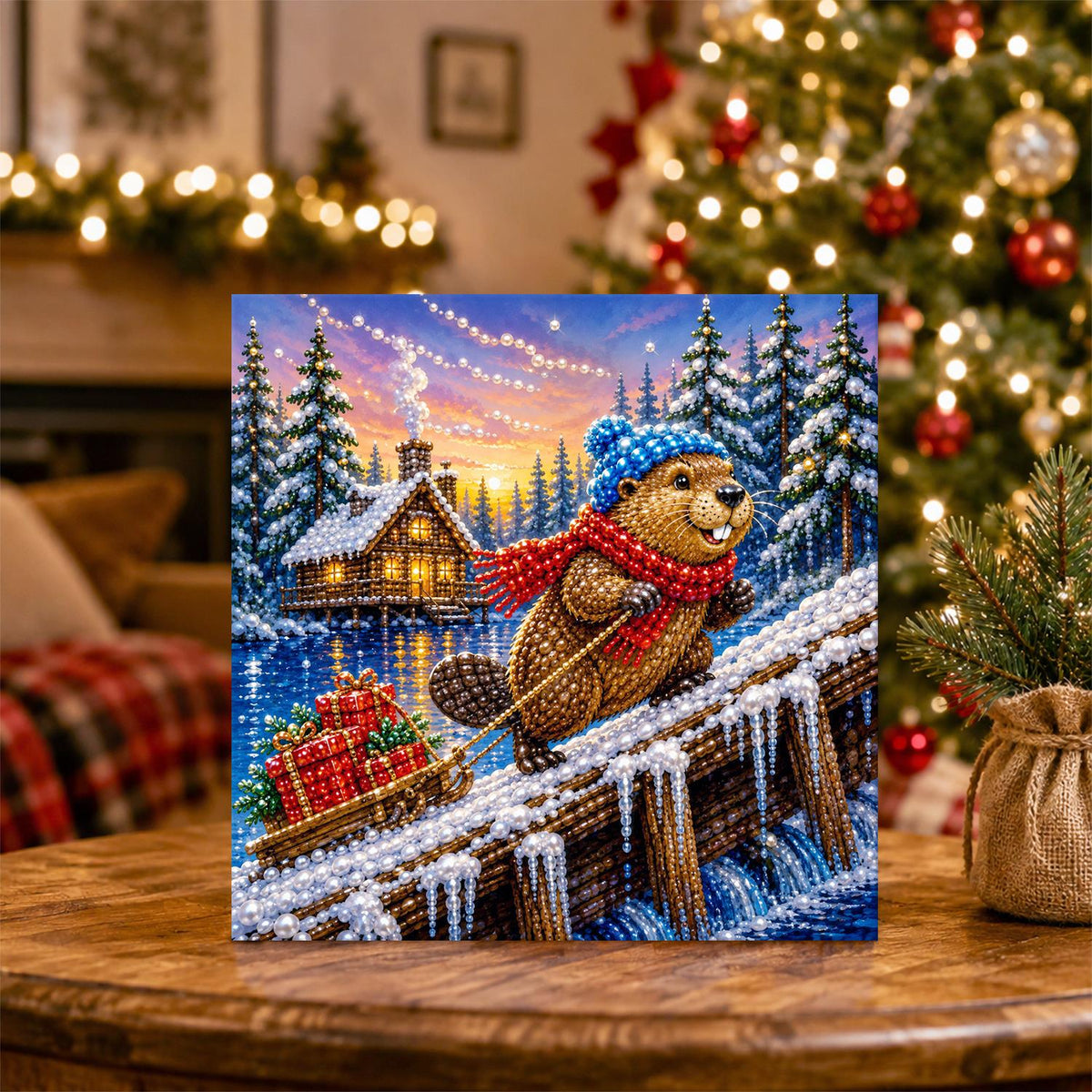 Beaver Hauling Gifts at Dusk pearl painting – image 5