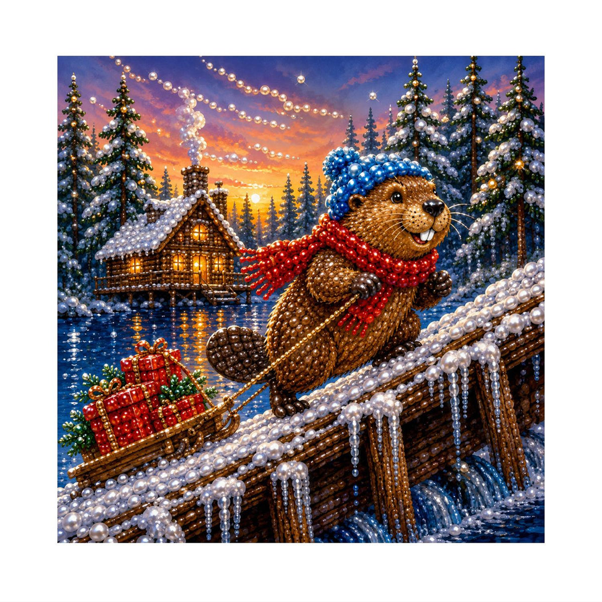 Beaver Hauling Gifts at Dusk pearl painting – image 11