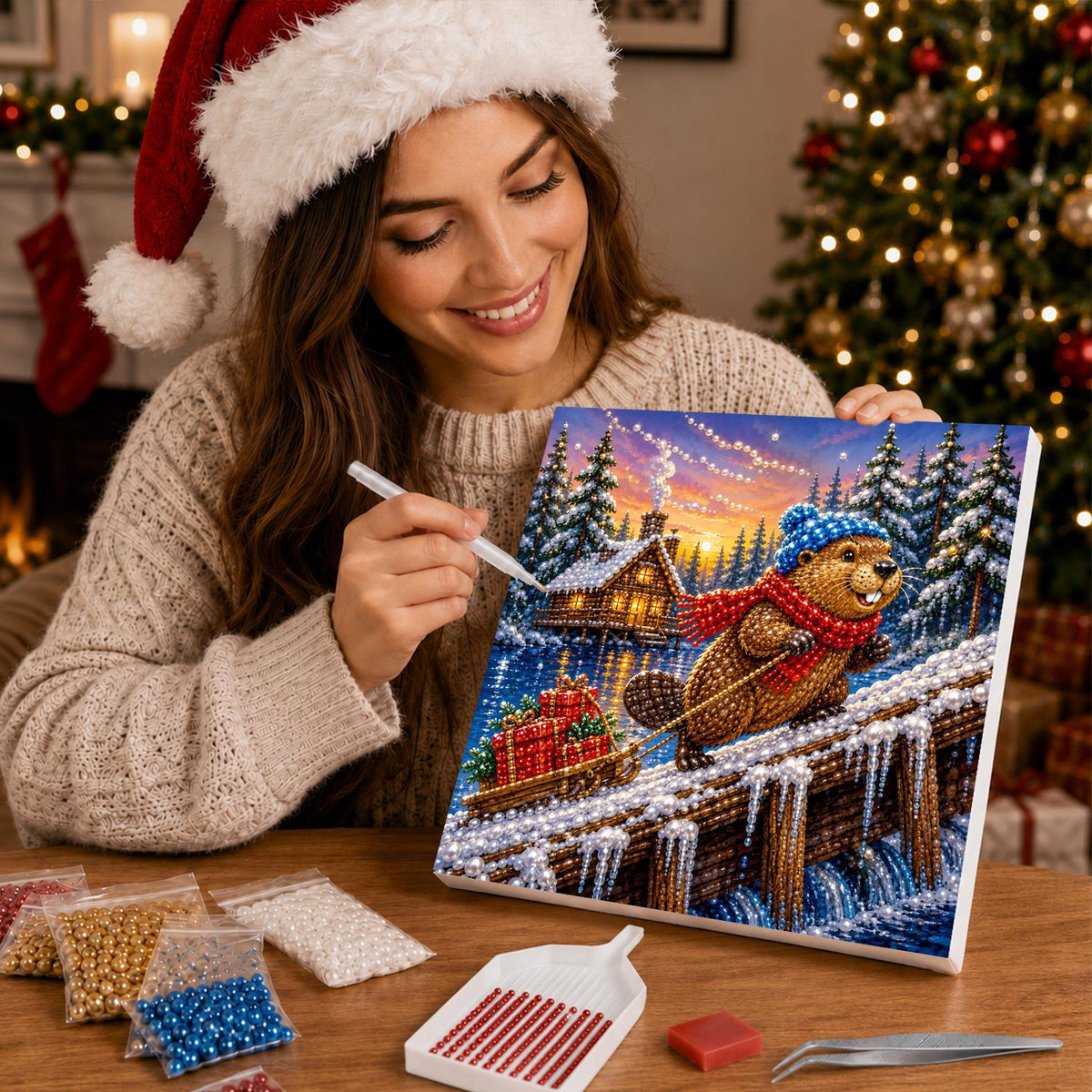 Beaver Hauling Gifts at Dusk pearl painting – image 16