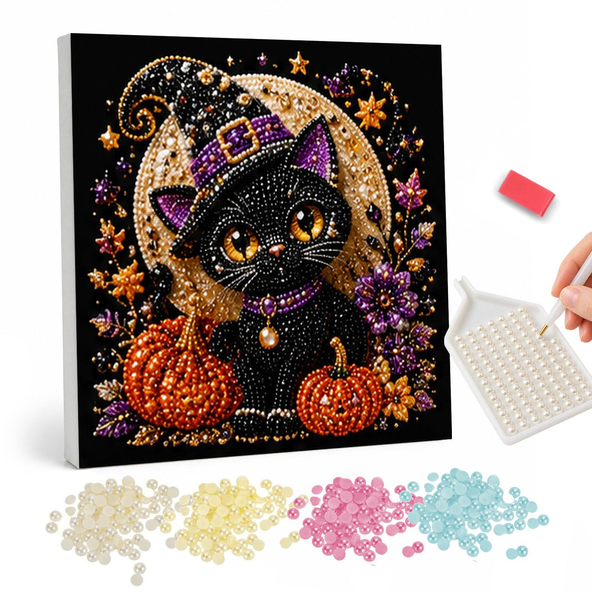 Amber-Eyed Cat Before the Moon pearl painting – Black cat with amber eyes in a purple-banded witch hat between pumpkins before a golden full moon