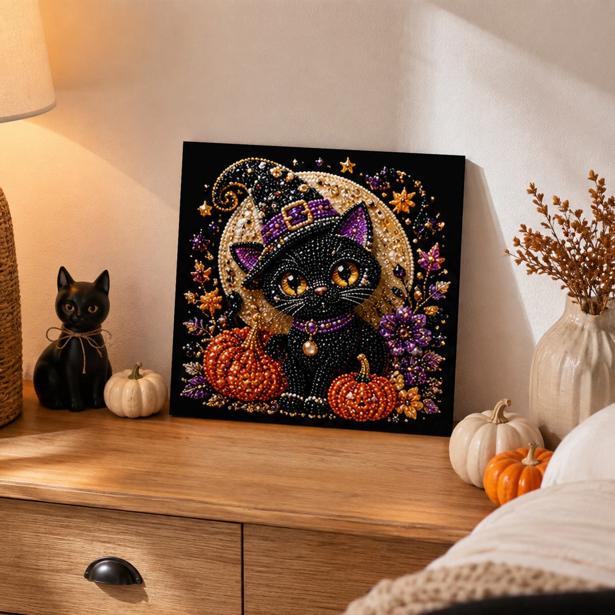 Amber-Eyed Cat Before the Moon pearl painting – image 2