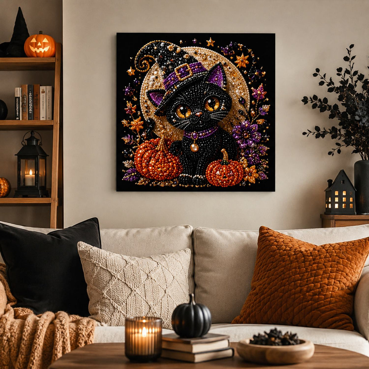 Amber-Eyed Cat Before the Moon pearl painting – image 3