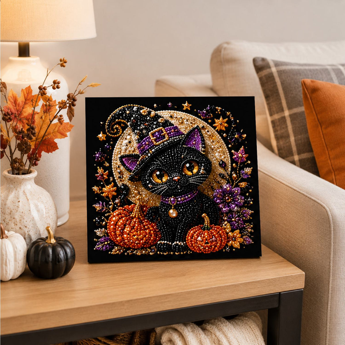 Amber-Eyed Cat Before the Moon pearl painting – image 4