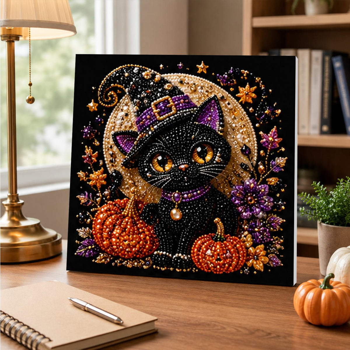 Amber-Eyed Cat Before the Moon pearl painting – image 5