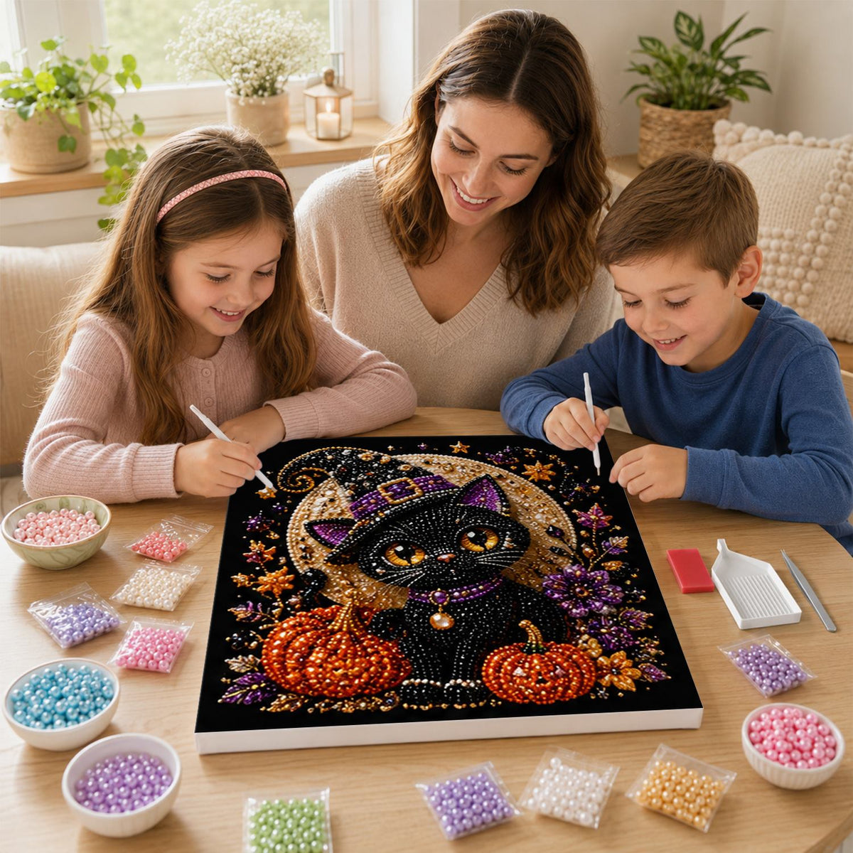 Amber-Eyed Cat Before the Moon pearl painting – image 15